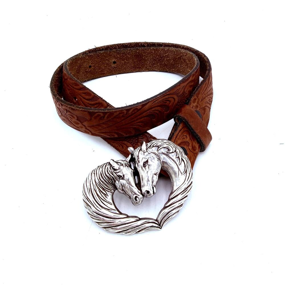 Justin Boots Girls Leather Horses Spirit Heart Buckle Belt Size 26